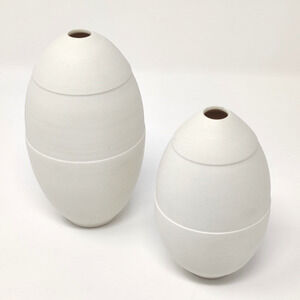 Pair Signed Studio Pottery Porcelain Bud Vases Modern Egg Bomb Football 4.5/5.5"